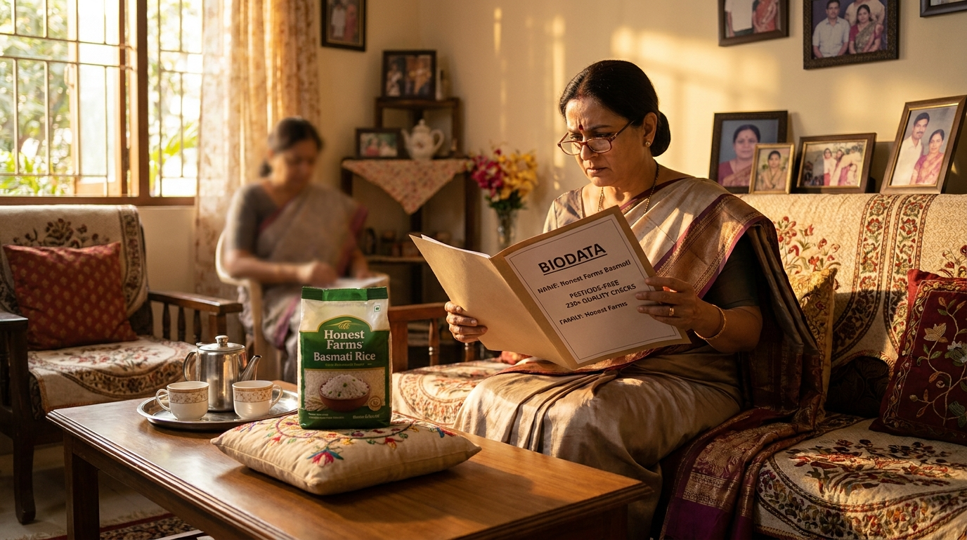 A rishta-aunty inspecting a pack of rice like a prospective match